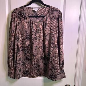 Liz Claiborne Lace Print Blouse Pink Black Floral Long Sleeve PXXL‎